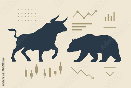 Bull and bear silhouettes with financial charts and graphs background  