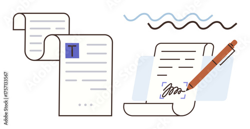 Paper sheets with text, editing marks, and pen in action. Ideal for writing, editing, content creation, communication, publishing education digital tools. Modern simple flat metaphor