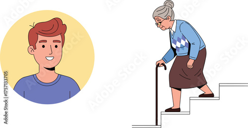 Young Man Offering Assistance to an Elderly Woman Climbing Stairs with a Cane, Providing Help and Support in a Generational Exchange of Care, Emphasizing Healthcare, Family Values, Community, and Well
