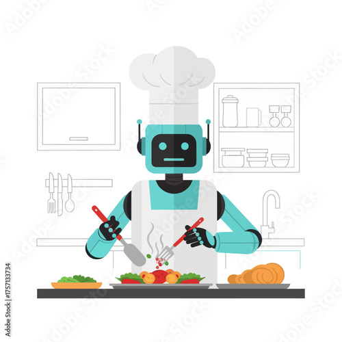 Robot chef preparing meal in modern kitchen environment  