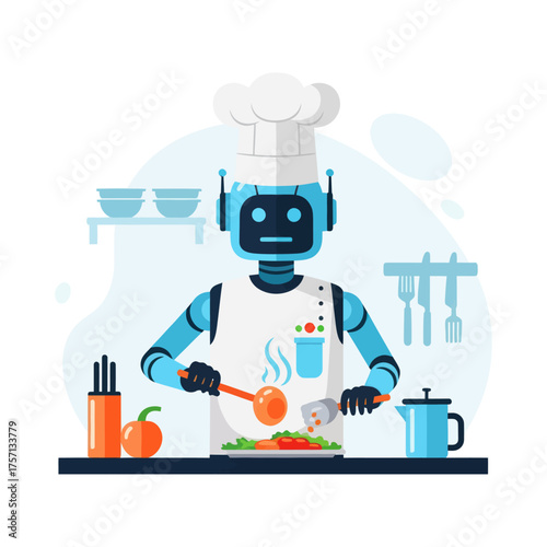 Robot chef cooking in kitchen with vegetables and utensils  