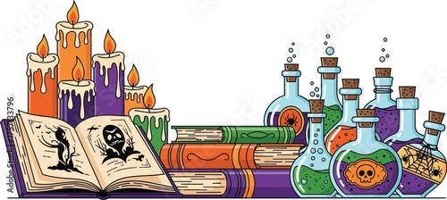 Vector art of halloween book, candles, and potions
