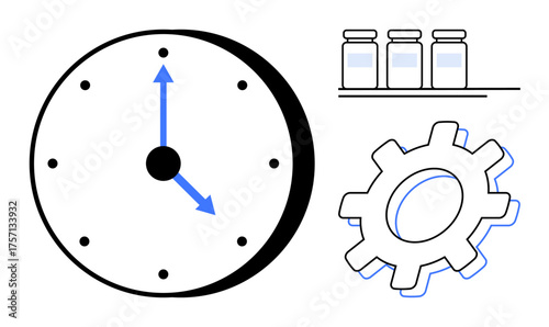 Clock with blue hands, gear symbolizing process, jars on shelf signifying storage. Ideal for time management, productivity, organization, workflow, planning, efficiency simple flat metaphor