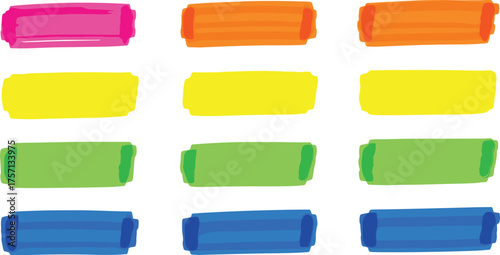 Vibrant Highlighter Strokes on White Backdrop: Bold Pink Orange Yellow Green Blue Rectangles for Emphasis, Colorful Marker Lines for Education, Business Presentation, Creative Design, Modern Art and C