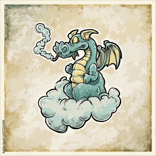 Cartoon dragon smoking pipe on cloud against textured background