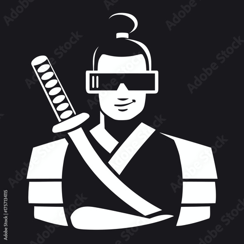 Stylized samurai illustration with katana and modern eyewear on black background