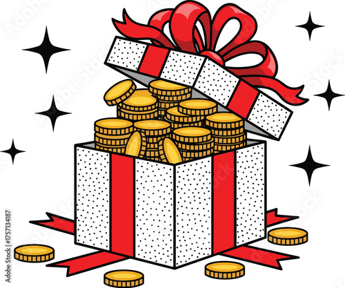 Open Gift Box Bursting with Gold Coins - Treasure Trove of Wealth & Abundance on White Background with Sparkling Stars, Ideal for Financial Success, Gambling, Investment, Reward, Surprise, & Holiday M