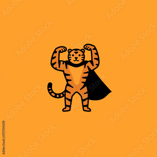Animated tiger superhero poses on orange background vector illustration