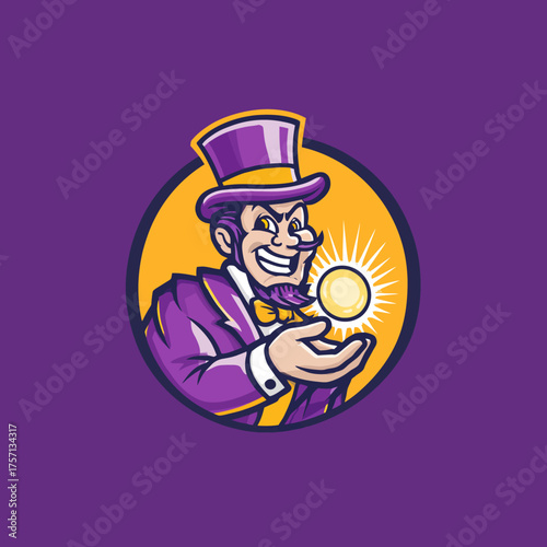 Magician illustration performing with orb vector design for branding