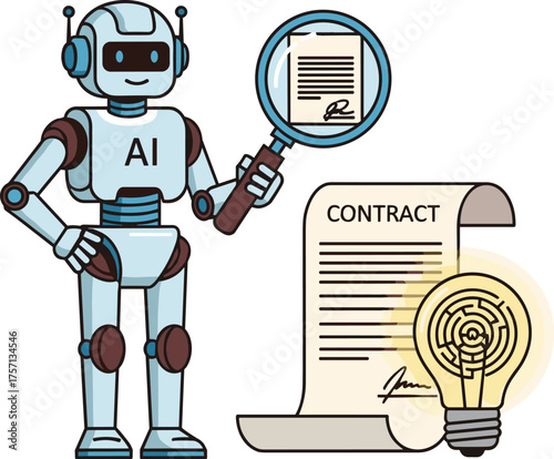 Innovative AI Robot Reviews Contract with Magnifying Glass in Modern Office - Artificial Intelligence Assisting Legal Tech, Smart Agreements, Data Analysis, Automation, Business Intelligence Solution,