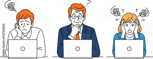 Stressed Office Workers Facing Computer Problems at Work: Business People Frustrated with Technology, Deadline Pressure, and Project Issues in Modern Workplace Illustration for Corporate Communication