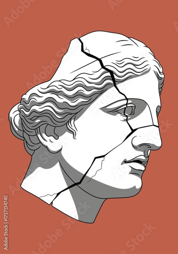 Broken classical sculpture of a female head on orange background  