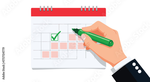 Hand Marking Calendar Date with Green Marker for Schedule Management & Planning Deadlines in Office, Illustrating Time Organization & Corporate Efficiency, Appointment Scheduling, Modern Task Manageme