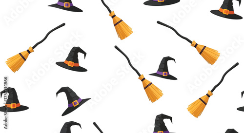 Vector art of seamless pattern of witch hats and broomsticks