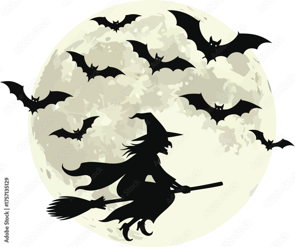 Fototapeta premium Vector art of silhouette of a witch flying on a broomstick with bats and moon