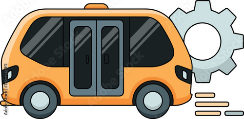 Autonomous Shuttle with Gear Symbol Illustrating Technological Innovation in Automated Transportation, Smart City Mobility Concept, Urban Planning for Sustainable Living, Modern Design in Yellow and G