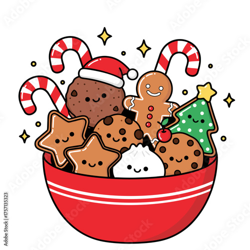 Cute Kawaii Christmas Cookies and Candy Canes in a Red Bowl A Festive Treat Collection Illustration