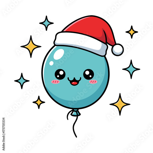 Cute Christmas Balloon Character Wearing Santa Hat with Sparkles - Festive Holiday Illustration