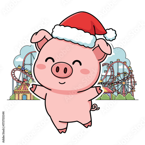 Adorable Christmas Piggy at the Amusement Park, Spreading Holiday Cheer with Festive Fun and Joyful Rides