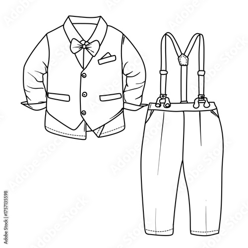 An outline drawing of a baby boys formal outfit, featuring a long-sleeved shirt with a vest and bow tie, paired with trousers and suspenders, perfect for special occasions.