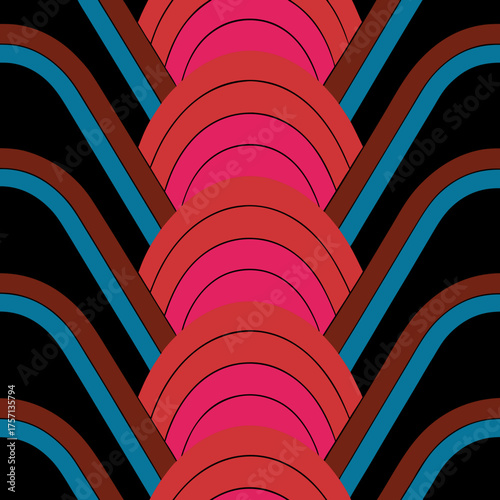 Retro abstract pattern with intersecting arcs and wavy lines
