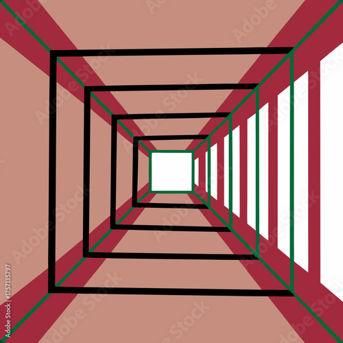 Abstract geometric tunnel with receding squares and vertical lines