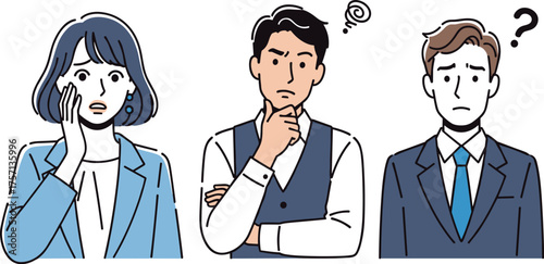 Business Team in Confusion and Contemplation, Expressing Doubt and Concern, Brainstorming Solutions in an Office Environment for Corporate Strategy Presentation, with Modern Professionalism and Detail