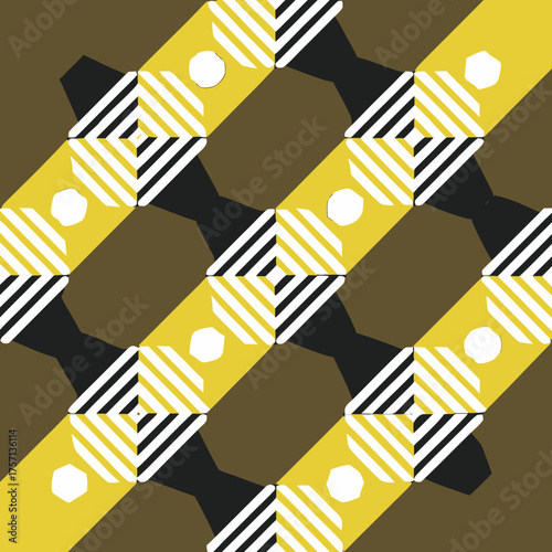 Geometric pattern with yellow bands and black interlocking shapes on brown background