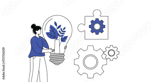 Female Entrepreneur Developing Innovative Business Solutions with Sustainable Energy Ideas, Problem Solving, and Creative Thinking in a Modern Workplace for Company Growth, Success, and Collaboration