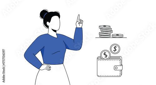 Woman Gesturing Towards Stack of Coins and Wallet Representing Savings and Financial Planning in a Modern Business Setting, Concept for Investment Strategies, Wealth Management, Budgeting, and Monetar