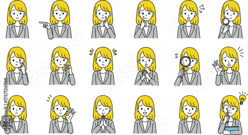 Blonde Businesswoman Expressing Diverse Emotions and Ideas in Office Setting: Conceptual Vector Illustration for Corporate Communications, Marketing Materials, and Presentation Visuals Featuring Chara