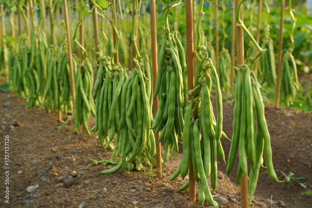 Obraz premium Lush Green Beans Hanging in a Serene Garden Setting, Showcasing Their Freshness and Abundant Growth Amidst Vibrant Greenery