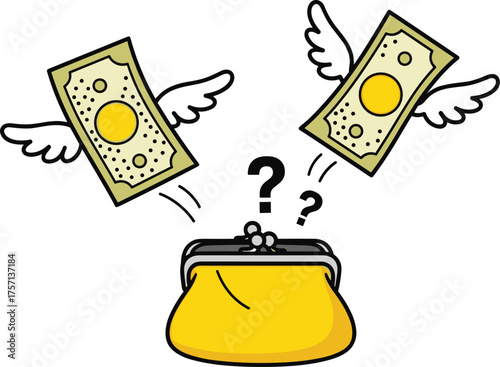Money Flying Away from Purse: Financial Loss Concept Illustration in Cartoon Style, Representing Spending, Budgeting Problems, and Economic Downturn. Use for Finance, Business, and Investment Presenta