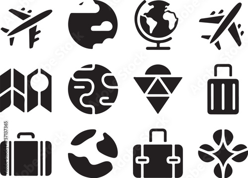 Explore world travel icons: planes, globes, luggage, maps