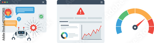 AI-Powered Chatbot Providing Customer Service Support with Automated Solutions, Data Analytics Dashboard Monitoring Performance Metrics, Speed Gauge Measuring Progress in Modern Technology Environment