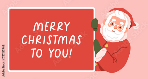 Santa Claus, Merry Christmas banner, horizontal background design. Festive Xmas character peeking, peeping from behind seasonal winter holiday card, greeting frame. Flat vector illustration