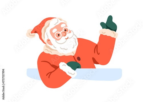 Santa Claus peeking from behind, showing with finger, pointing up, advertisin...