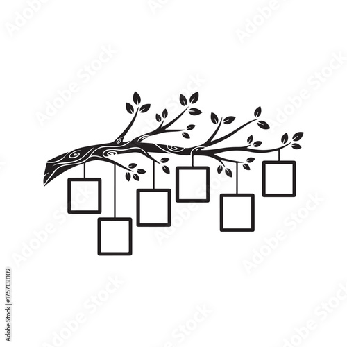 Family tree concept with hanging photo frames on a branch. Blank picture collage template for genealogy, memories, or wall decor. Vector illustration isolated on white.