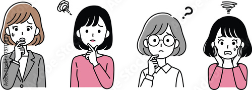 Worried Women Thinking, Brainstorming Solutions in Trouble: Diverse Group of Professionals Contemplating Problems with Concerns, Doubts for Business Strategy, Healthcare Issues, Personal Dilemmas Illu