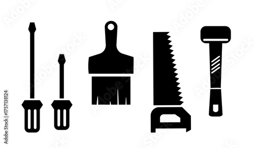 A set of vector illustrations featuring screwdriver, paintbrush, saw, and hammer. Clean and simple design perfect for construction, repair, or DIY project graphics.