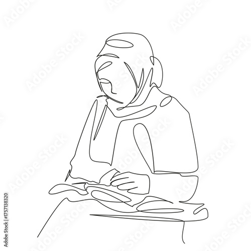 One continuous single drawing line art flat doodle education, schoolgirl, learning, student, academic, classroom, studying, islam. Isolated image hand draw contour on a white background, hand drawn, n