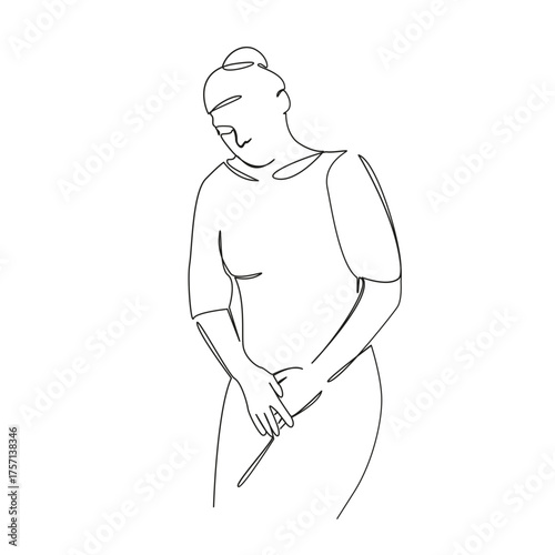 One continuous single drawing line art flat doodle disease, woman, pain, ache, belly, health, abdominal pain, menses. Isolated image hand draw contour on a white background, hand drawn, not AI
