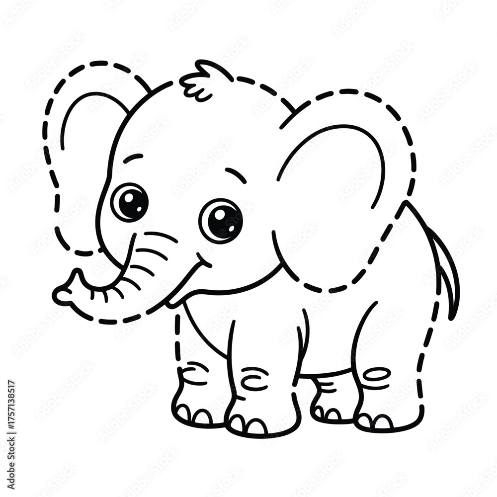 Naklejka premium Cute baby elephant tracing outline vector graphic for kids coloring and educational activities silhouette White background