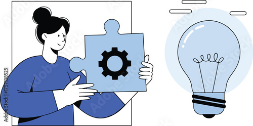 Woman Integrating Solution For Innovative Business Idea in Modern Workplace Setting, Holding Puzzle Piece With Gear Symbol, Representing Collaboration, Strategy, Engineering, Problem-Solving, and Deve
