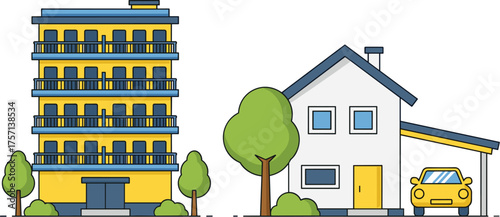 Modern Building and House Side-by-Side Illustration Showcasing Residential Architecture and Urban Planning, Design Concept for Real Estate Development, Community Living, Sustainable Housing, Modern Si