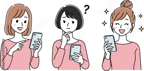 Young Women Using Smartphones Showing Different Emotions: Happy, Confused, and Pleased in a Modern Isolated Setting for Technology, Lifestyle, Communication, and Social Media Content Creation and Mark