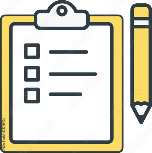 Yellow Clipboard with Pencil for Task Management and Planning in a Modern Office Setting, Illustrating Productivity and Organization for Business, Education, and Project Tracking - Flat Vector Style G
