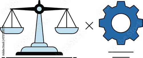 Conceptual Balance and Mechanism: Scales of Justice with Gear Symbolizing Fair Processes, Precision, and Technological Systems, Ideal for Legal, Engineering, and Business Presentations and Web Design
