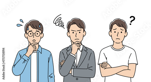 Three Pensive Men Contemplating Decisions, Seeking Answers in Business and Life, Brainstorming Solutions in a Modern Office Setting, Facing Uncertainty, Expressing Doubt and Concern with a Minimalist