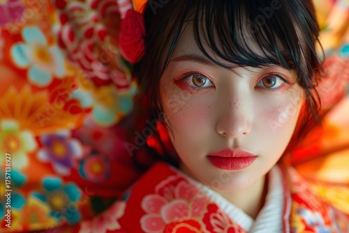 Young japanese woman wearing traditional red floral kimono and posing for a beauty portrait